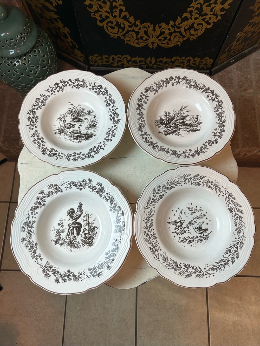 TABLETOPS UNLIMITED New England Toile Gamebirds Soup Dinner Bowls Set of 4